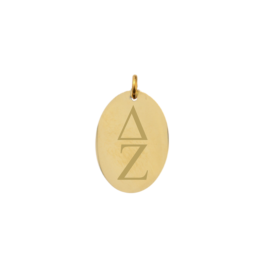 Delta Zeta gold large oval charm with vertical greek letters front view.