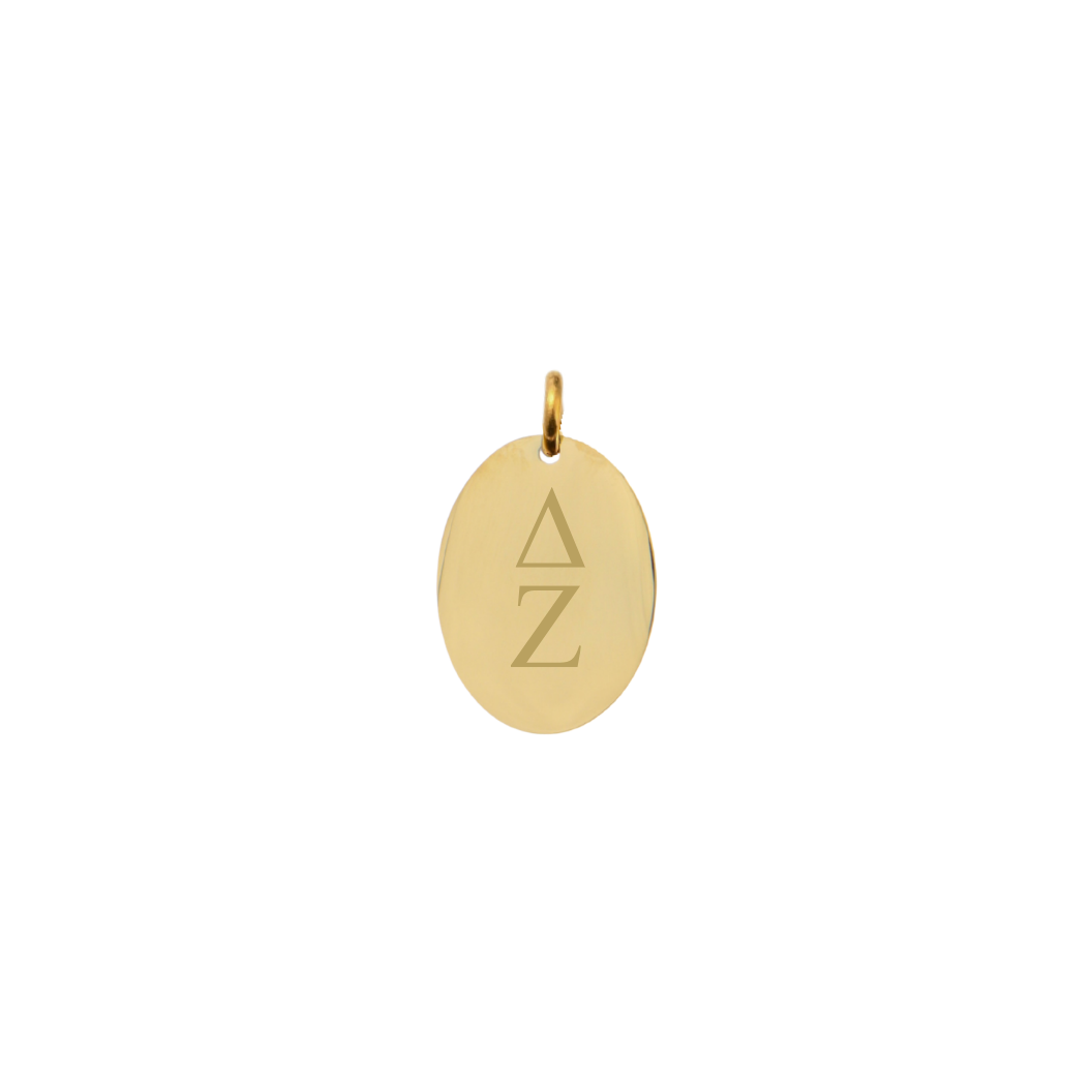 Delta Zeta gold small oval charm with vertical greek letters front view
