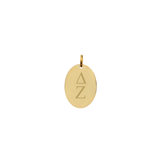 Delta Zeta gold small oval charm with vertical greek letters front view
