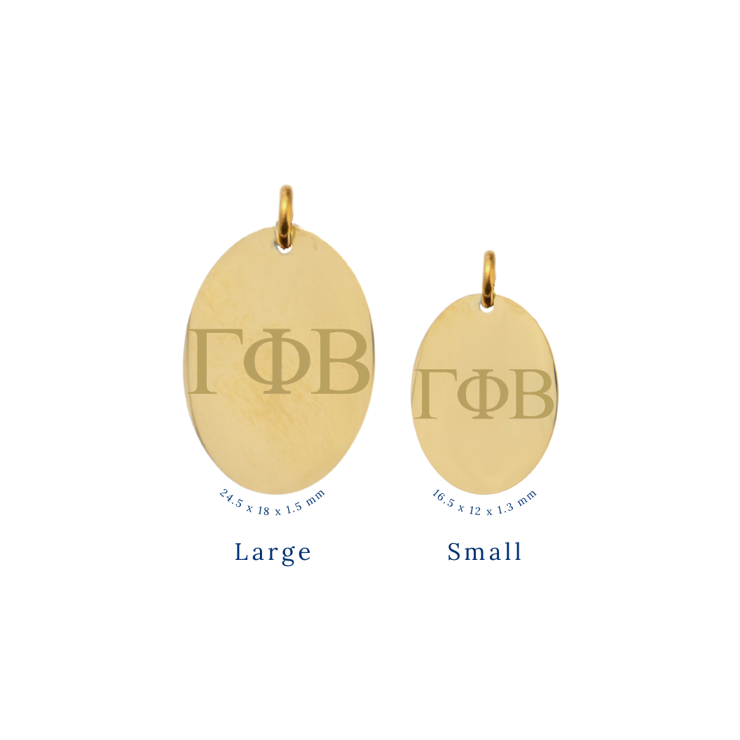 Gamma Phi Beta gold large oval charm and small oval charm comparison with horizontal greek letters front view