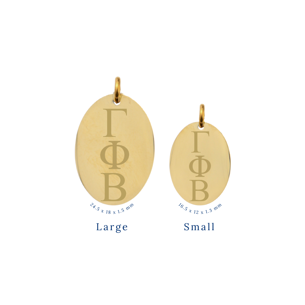 Gamma Phi Beta gold large oval charm and small oval charm comparison with vertical/stacked greek letters front view
