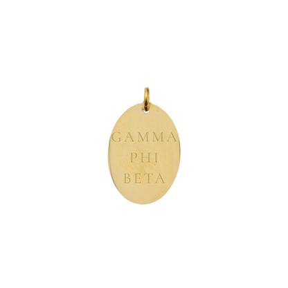 Gamma Phi Beta gold large oval charm with full sorority name front view