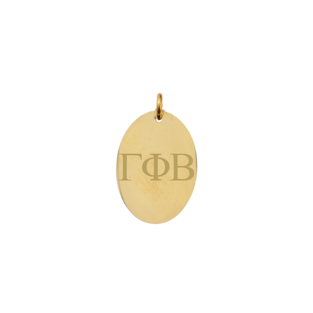 Gamma Phi Beta gold large oval charm with horizontal greek letters front view