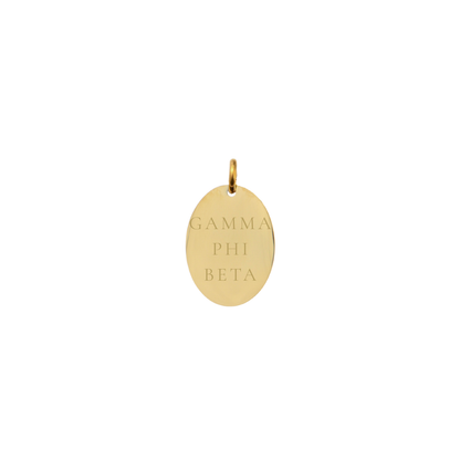 Gold Phi Beta gold small oval charm with full sorority name front view
