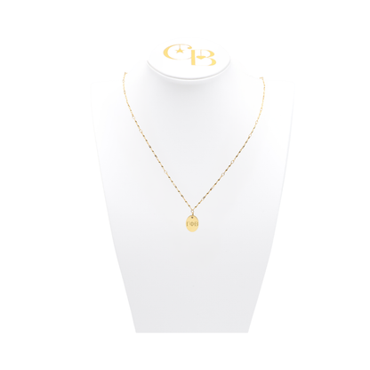 Gamma Phi Beta gold simple twist necklace with small oval charm displayed on white pillow front view with horizontal greek letters