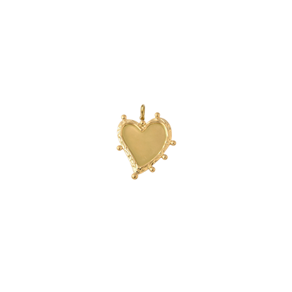 Gold heart-shaped charm featuring a smooth polished center with an organic textured border and decorative bead accents, displayed on a transparent background.
