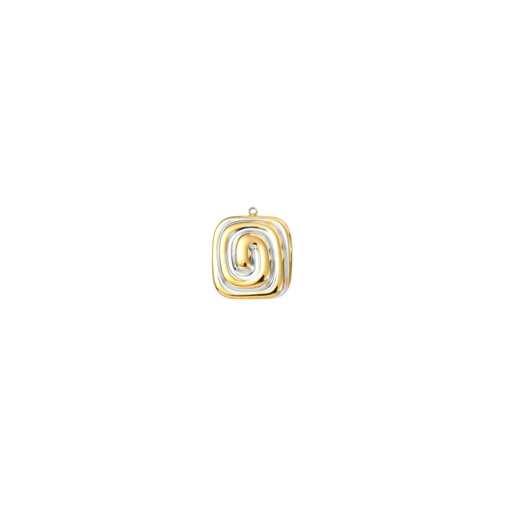 Gold and silver charm with a modern mixed metal swirl design on a white background.