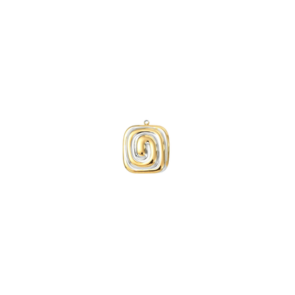 Gold and silver charm with a modern mixed metal swirl design on a white background.