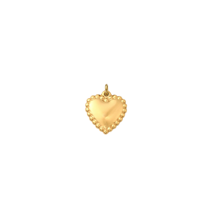 Gold heart charm with a polished center and beaded border on a transparent background.