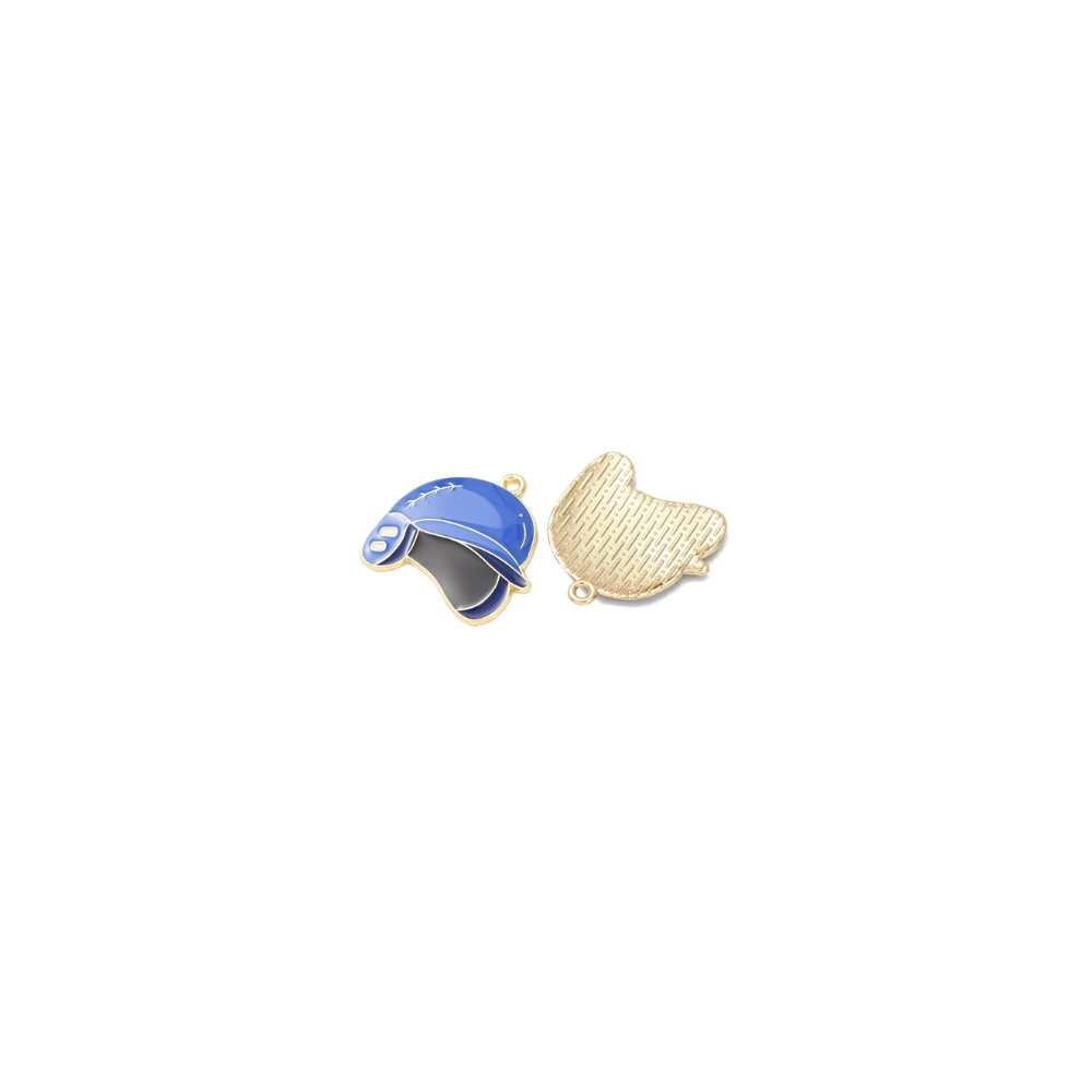 Front and back view of a gold blue baseball helmet charm with blue enamel details and textured gold backing on a white background