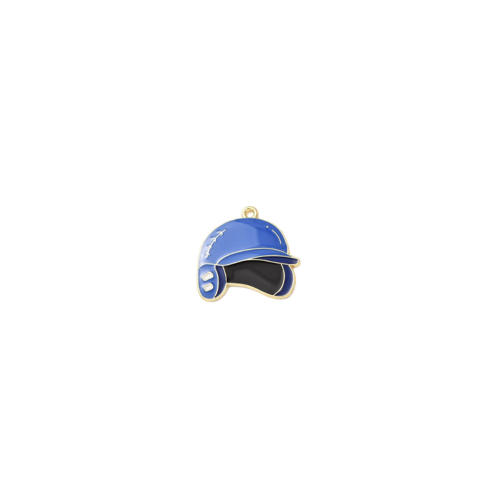 Gold blue baseball helmet charm with enamel details and a sporty game day design on a white background