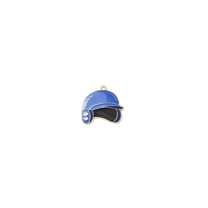 Gold blue baseball helmet charm with enamel details and a sporty game day design on a white background