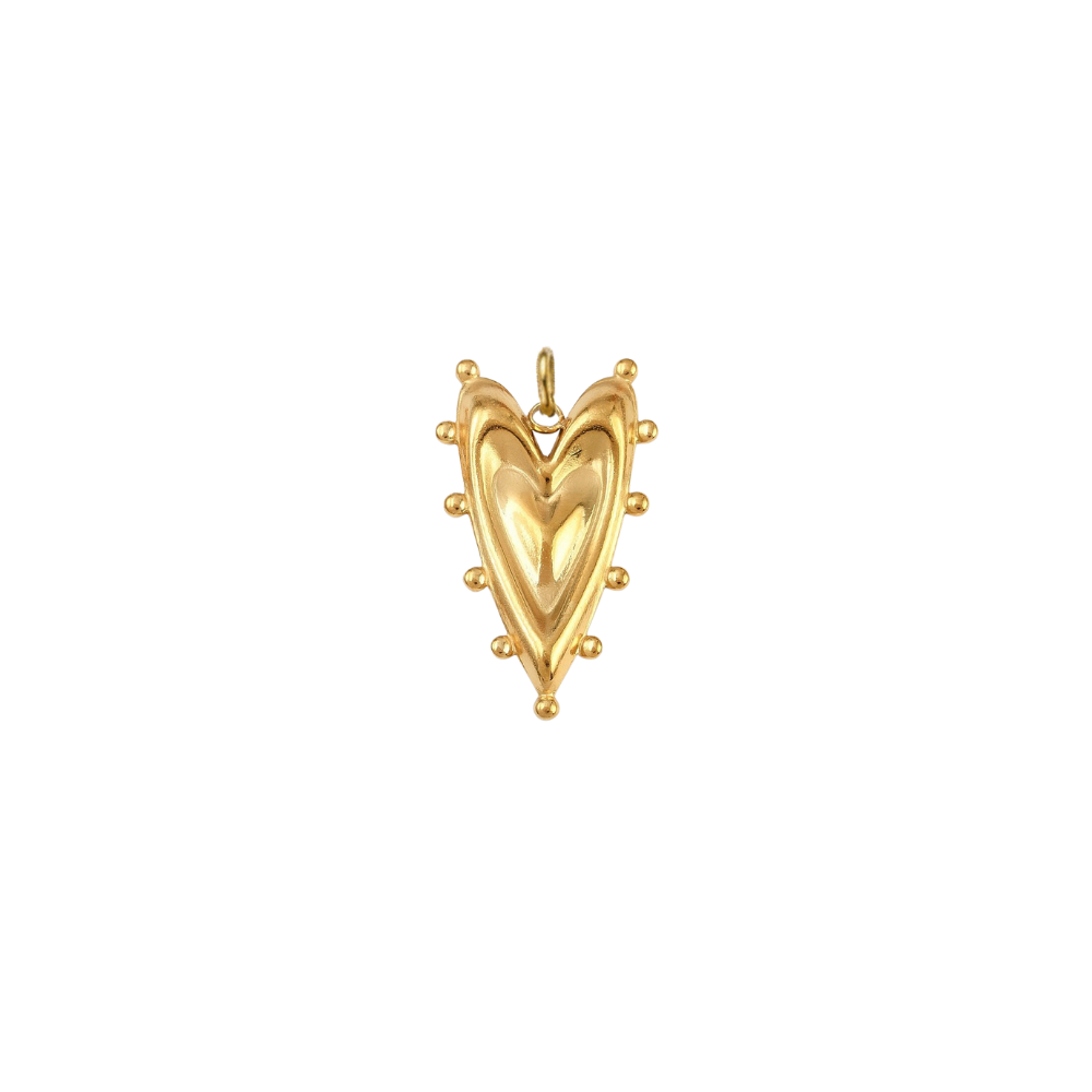 Gold bold heart charm featuring a sculpted puffed heart design with decorative beaded detailing on a transparent background.