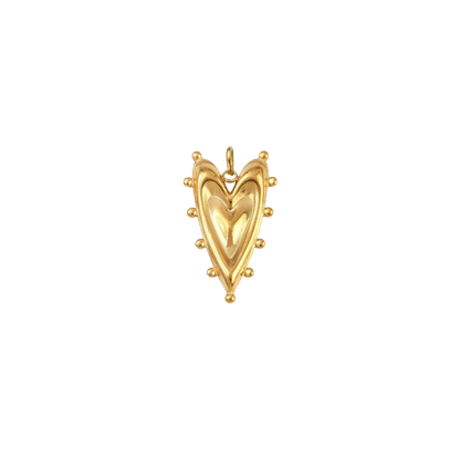 Gold bold heart charm featuring a sculpted puffed heart design with decorative beaded detailing on a transparent background.