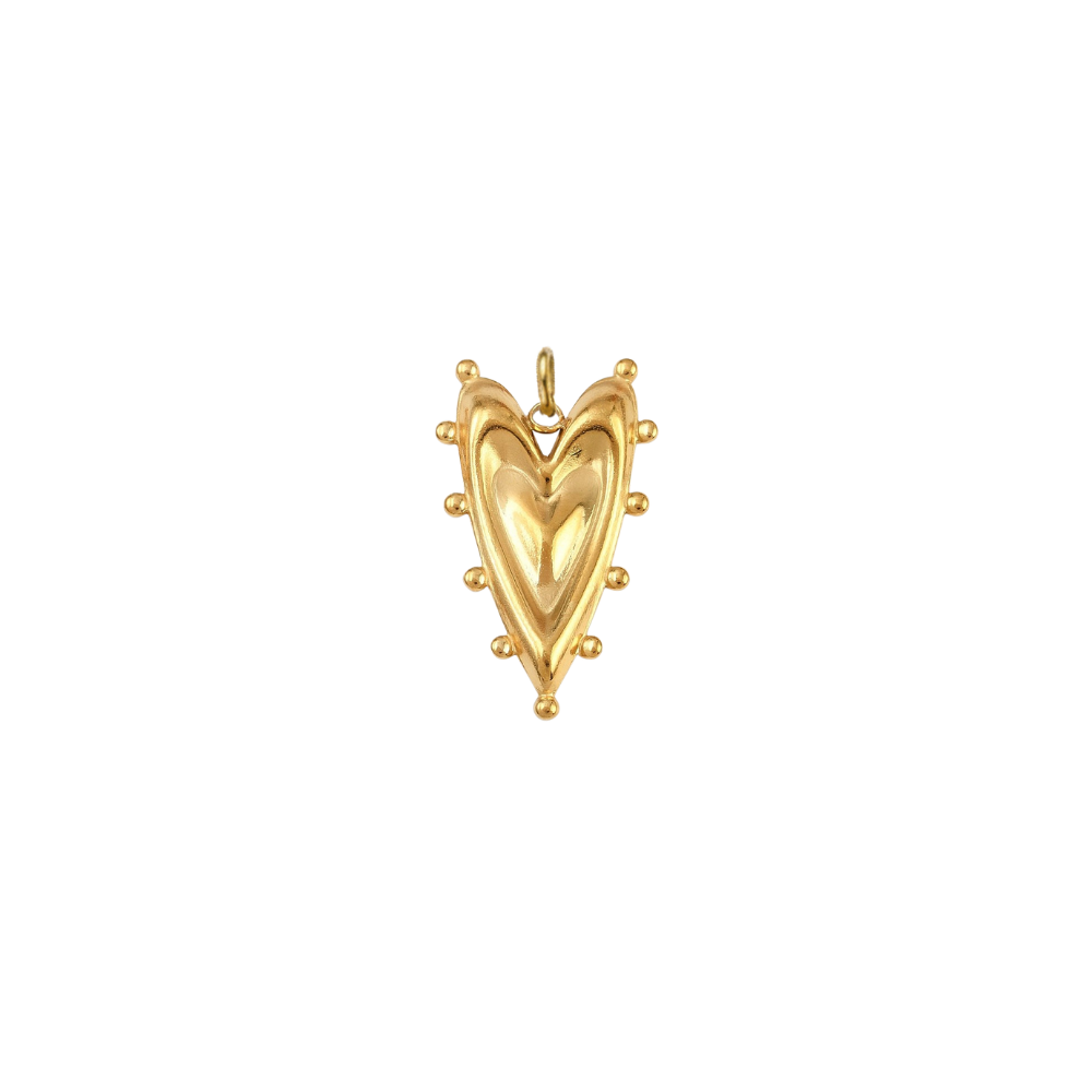 Gold bold heart charm featuring a sculpted puffed heart design with decorative beaded detailing on a white bakcground.