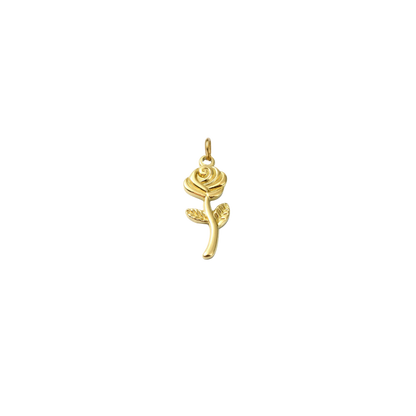 Gold rose charm with detailed petals, textured leaves, and a polished stem on a transparent background.