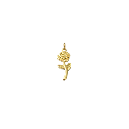 Gold rose charm with detailed petals, textured leaves, and a polished stem on a white background.