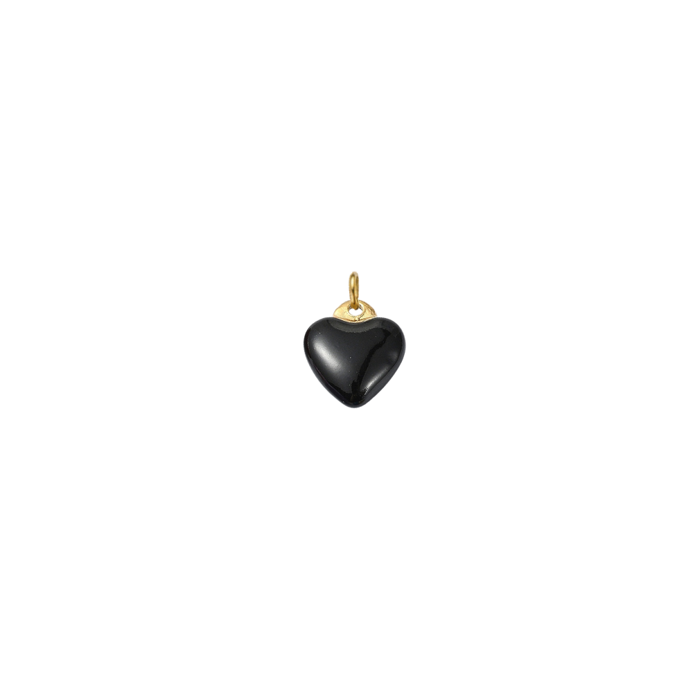 Gold charm featuring a glossy black enamel heart on a transparent background.