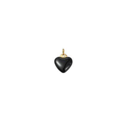 Gold charm featuring a glossy black enamel heart on a transparent background.