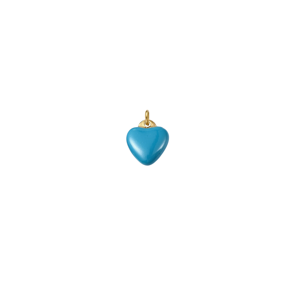 Gold charm featuring a glossy blue enamel heart on a transparent background.