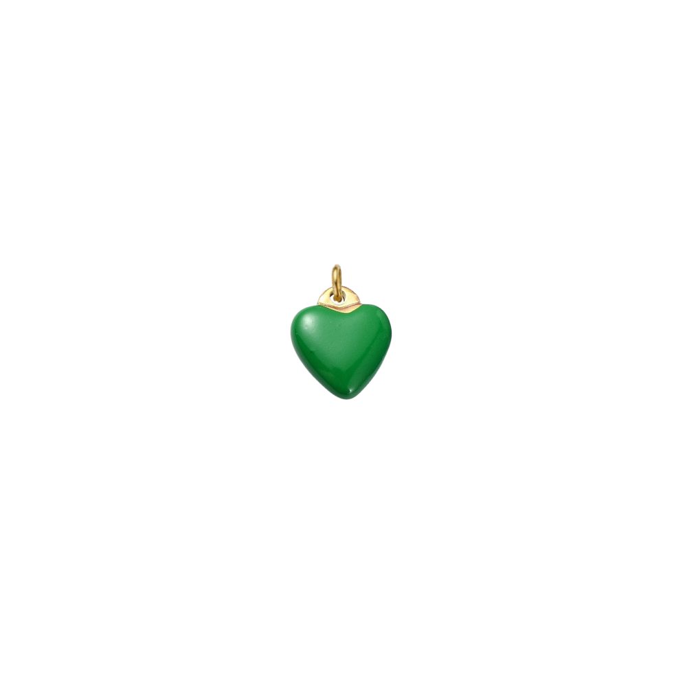 Gold charm featuring a glossy green enamel heart on a transparent background.