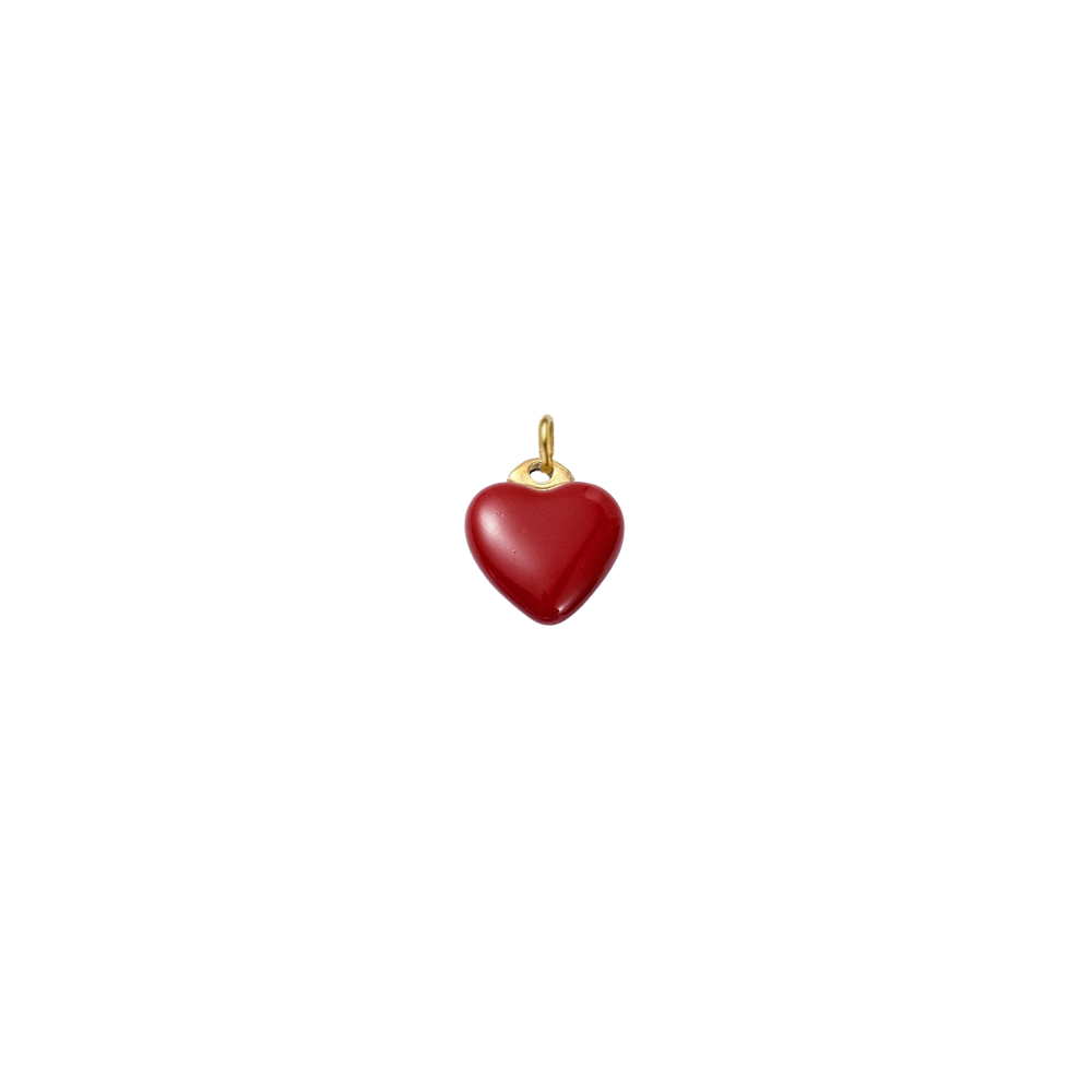 Gold charm featuring a glossy red enamel heart on a transparent background.