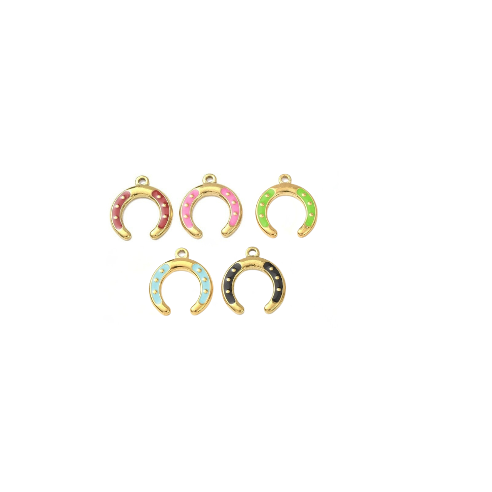 Assorted gold horseshoe charms with colorful enamel accents on a white background