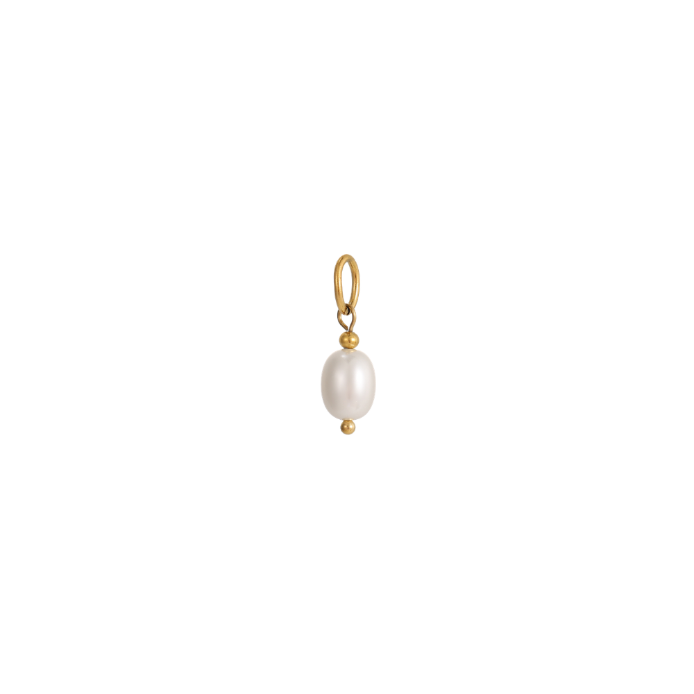 Gold dainty pearl drop charm on a white background