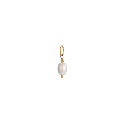 Gold dainty pearl drop charm on a white background