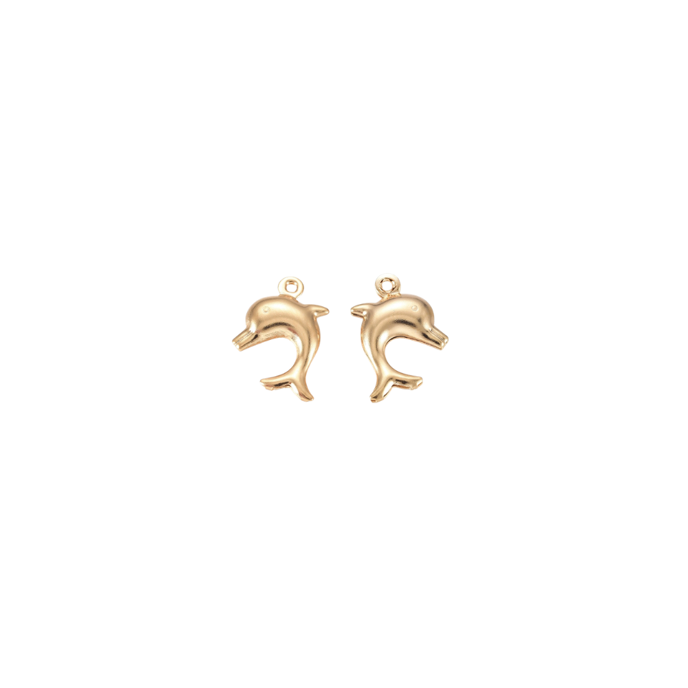 Gold dolphin charm with a polished finish and pre-installed gold jump ring on a white background