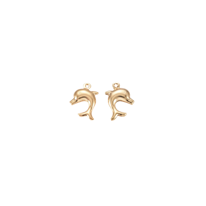 Gold dolphin charm with a polished finish and pre-installed gold jump ring on a white background