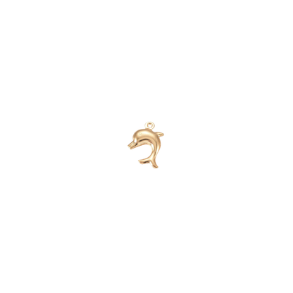 Gold dolphin on a white background, featuring a polished dolphin design with a pre-installed gold jump ring.