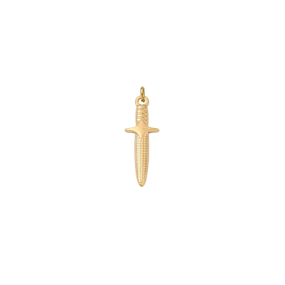 Gold dagger charm featuring engraved blade details and a polished finish on a transparent background.