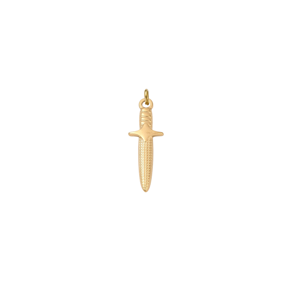 Gold dagger charm featuring engraved blade details and a polished finish on a white background.