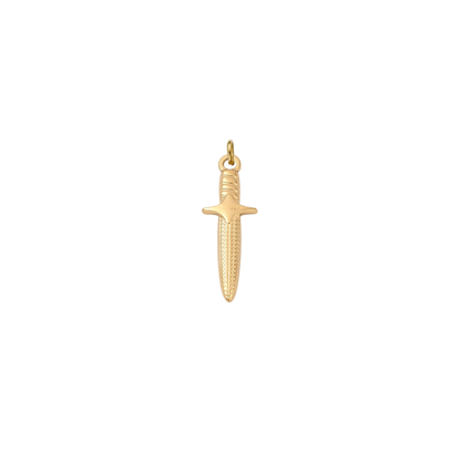 Gold dagger charm featuring engraved blade details and a polished finish on a white background.