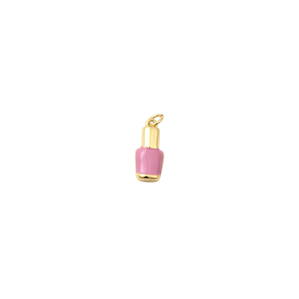 Gold nail polish bottle charm with glossy pink enamel, displayed on a transparent background