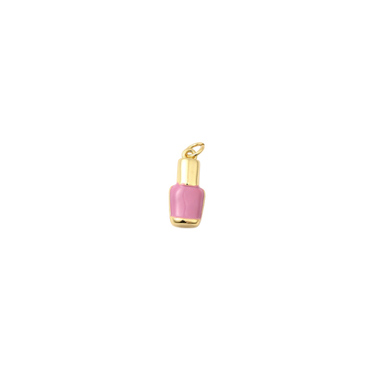 Gold nail polish bottle charm with glossy pink enamel, displayed on a transparent background