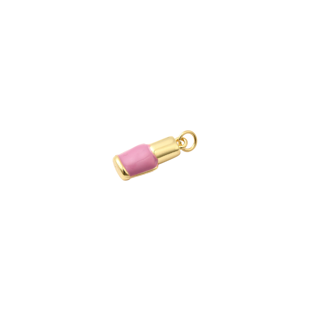 Gold nail polish bottle charm with glossy pink enamel, displayed on a white background.