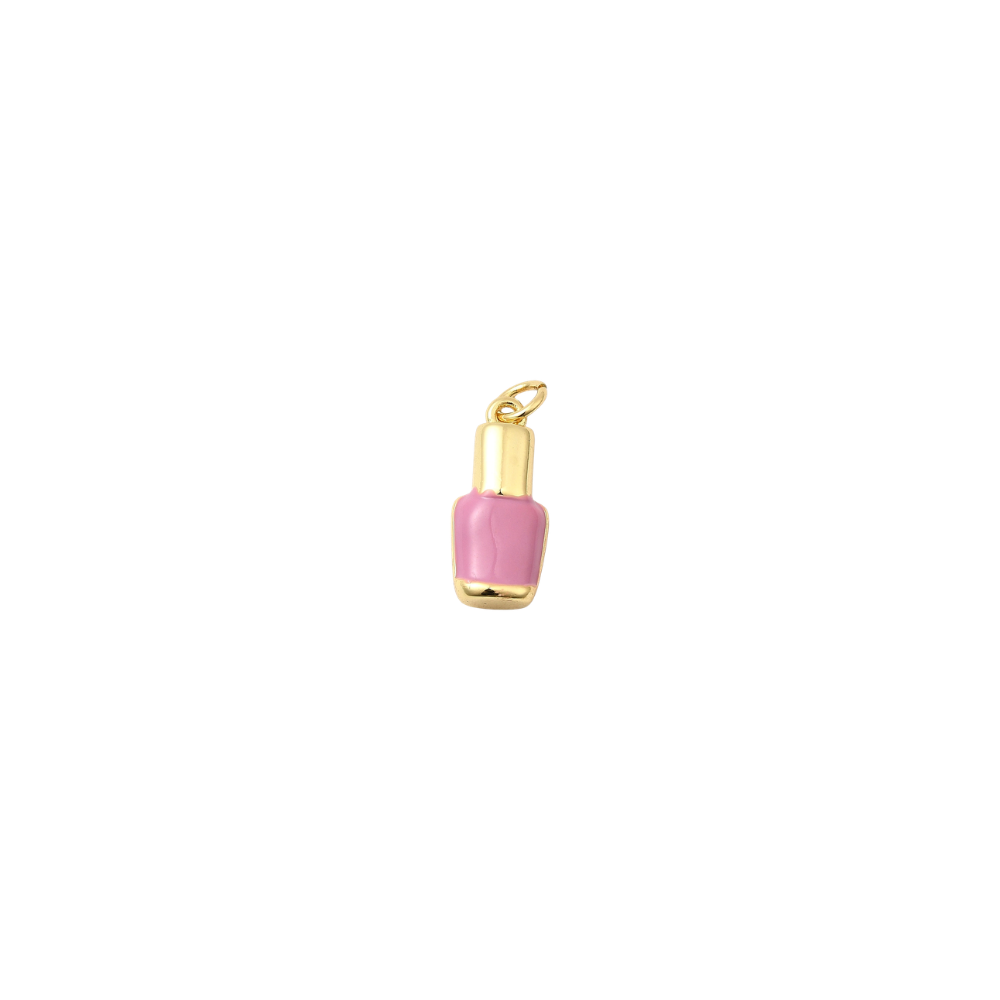 Gold nail polish bottle charm with glossy pink enamel, displayed on a white background.