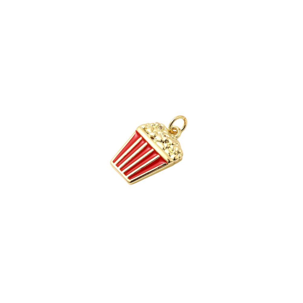 Gold popcorn bucket charm with red enamel stripes and textured popcorn detail, displayed on a white background.