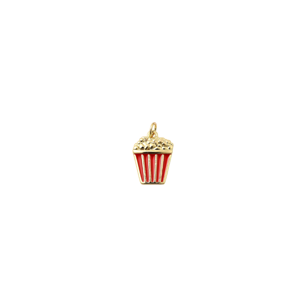 Gold popcorn bucket charm with red enamel stripes and textured popcorn detail, displayed on a transparent background.
