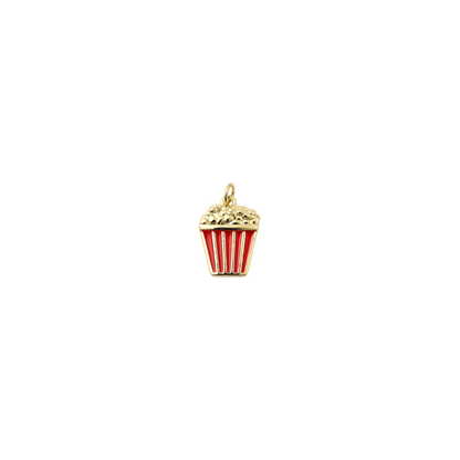 Gold popcorn bucket charm with red enamel stripes and textured popcorn detail, displayed on a transparent background.