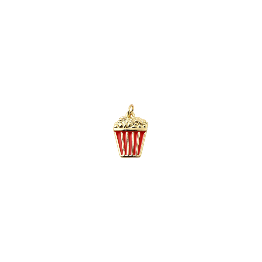 Gold popcorn bucket charm with red enamel stripes and textured popcorn detail, displayed on a white background.