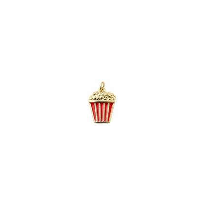 Gold popcorn bucket charm with red enamel stripes and textured popcorn detail, displayed on a white background.