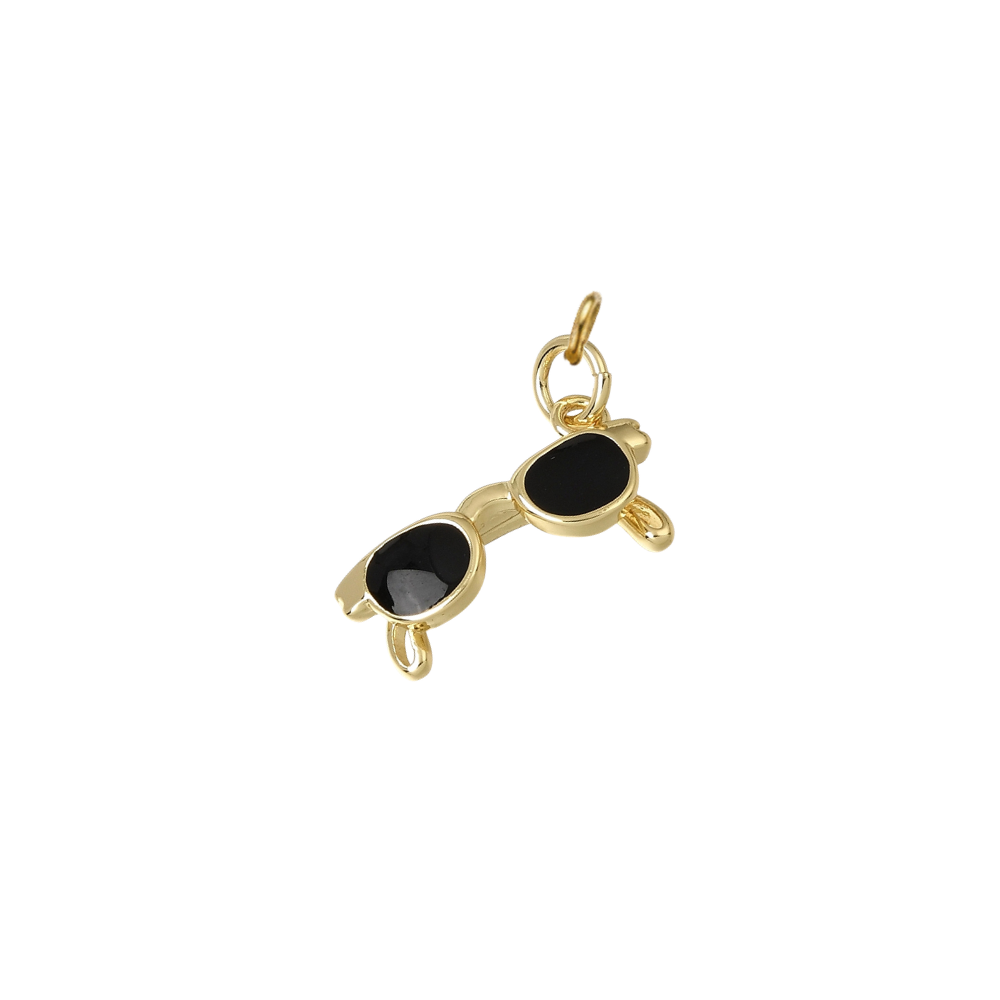 Gold sunglasses charm with glossy black enamel lenses, displayed on a transparent background.