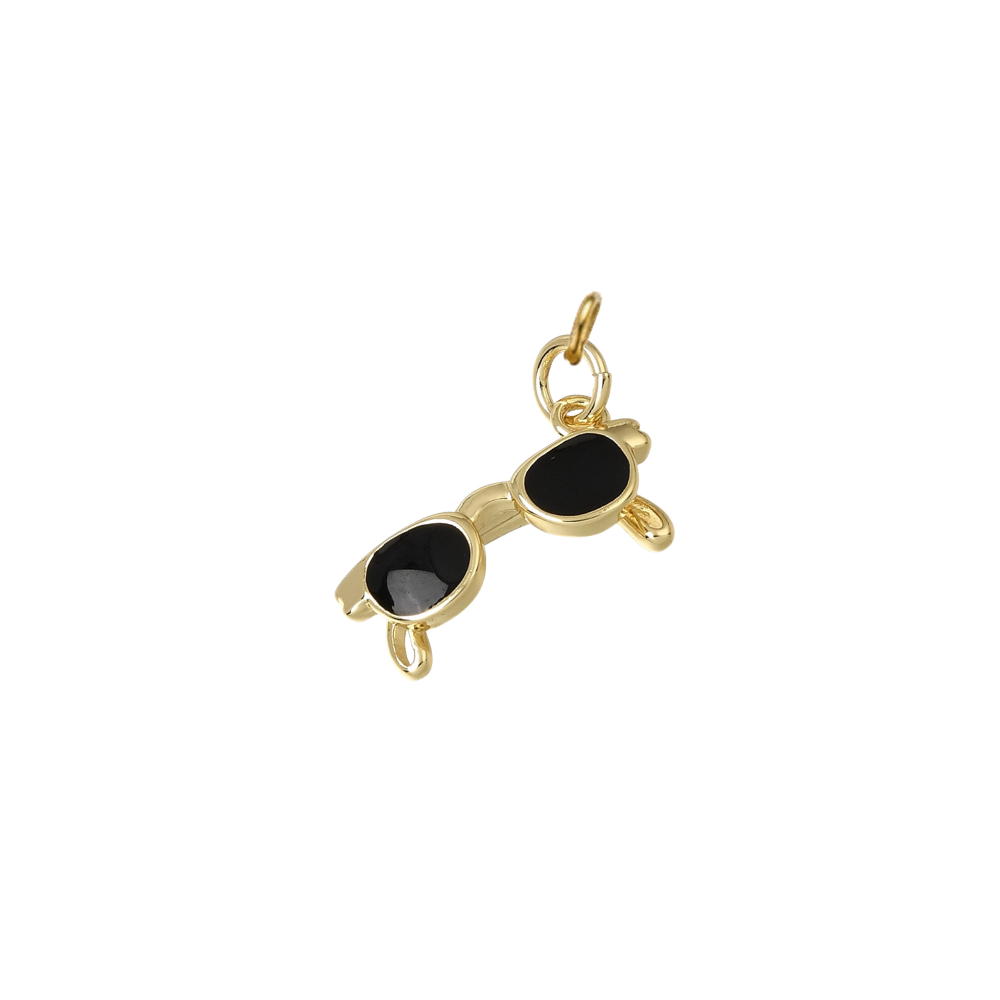 Gold sunglasses charm with glossy black enamel lenses, displayed on a white background.