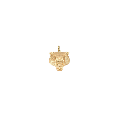 Gold fierce tiger head charm with detailed engraved features on a transparent background.