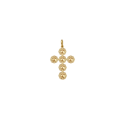 Gold filigree cross charm featuring a textured beaded cross design on a transparent background.