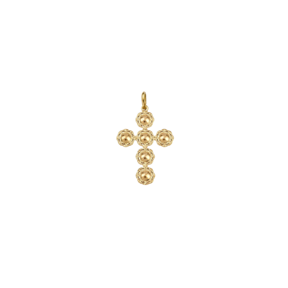 Gold filigree cross charm featuring a textured beaded cross design on a white background.