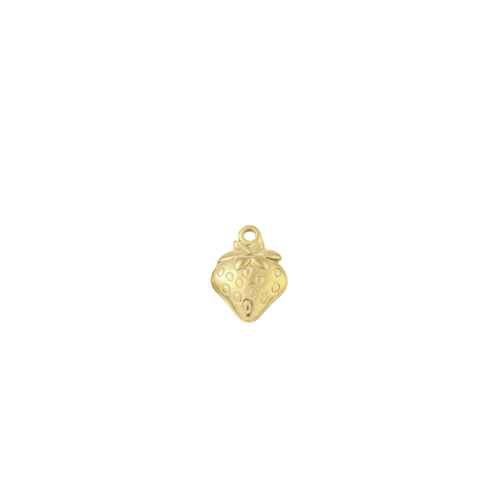 Gold fresh picked strawberry charm with a polished finish, embossed seed details and leafy top design on a white background